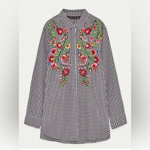 Philosophy Black and White Checkered Blouse with Floral Embroidery